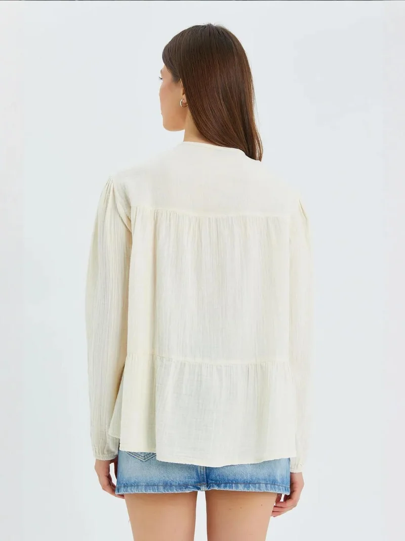 Mixray Natural Mixray Long Sleeve Relaxed Fit Blouse with Tie-Neck for Women | Best Price UAE