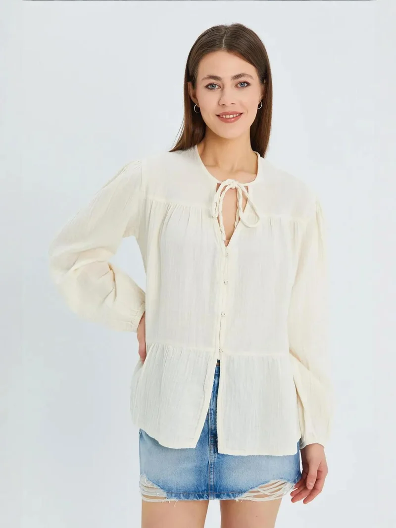 Mixray Natural Mixray Long Sleeve Relaxed Fit Blouse with Tie-Neck for Women | Best Price UAE