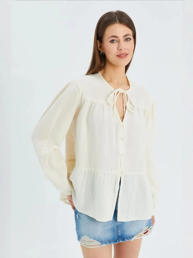 Mixray Natural Mixray Long Sleeve Relaxed Fit Blouse with Tie-Neck for Women | Best Price UAE
