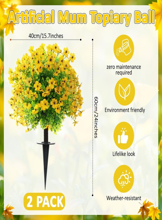 Maysing 2 Packs 24 Inch Spring Artificial Mums Topiary Ball Trees Faux Spring Flowers Artificial Faux Bushes Shrubs for Outdoor Planter UV Resistant Fake Greenery for Porch Garden Home Decor(Yellow) - Image 3