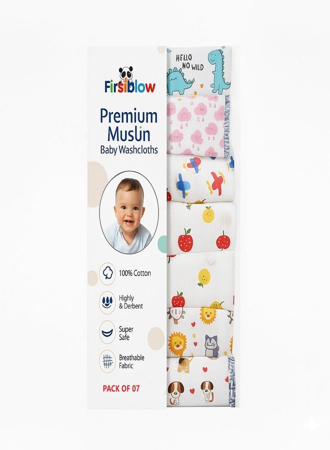 Firstblow 7 Pcs Muslin Cotton Cloth Premium Baby Washcloth for New Born, Washable, Reusable, Absorbent, Extra Soft Face Towels/Hankies for Babies, Stars, Balloons Random Print - Image 1