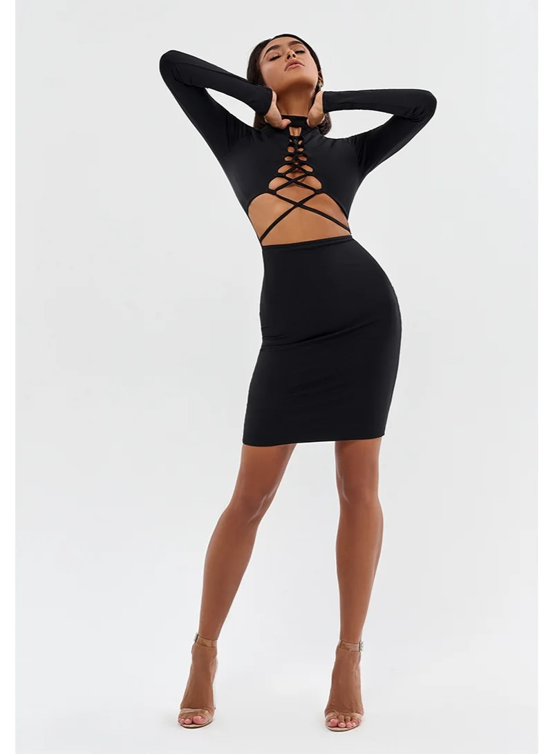 Bona Fide black Bona Fide Lilith Black – Long Sleeve Lace-Up Bodycon Mini Dress for Women | Best Price UAE