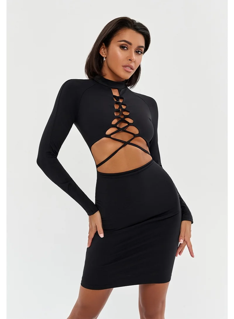Bona Fide black Bona Fide Lilith Black – Long Sleeve Lace-Up Bodycon Mini Dress for Women | Best Price UAE