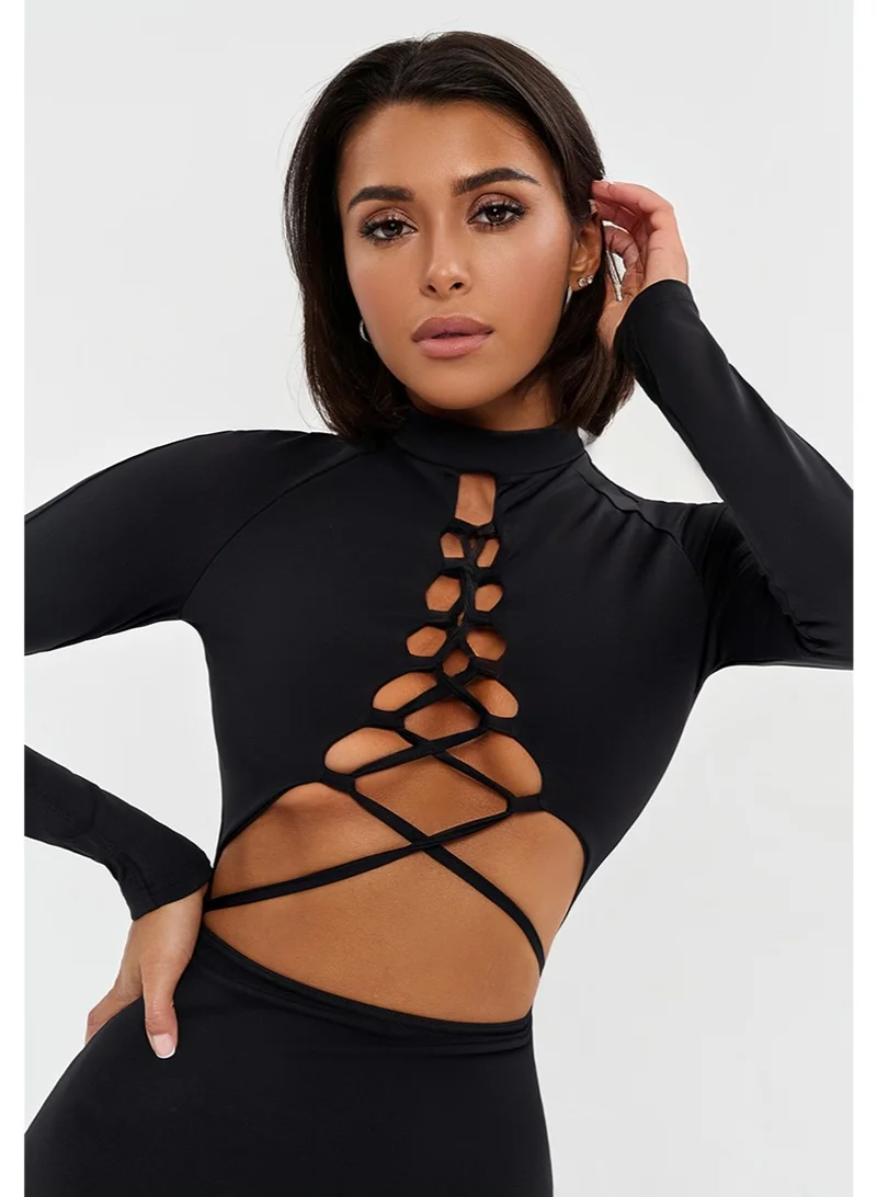 Bona Fide black Bona Fide Lilith Black – Long Sleeve Lace-Up Bodycon Mini Dress for Women | Best Price UAE