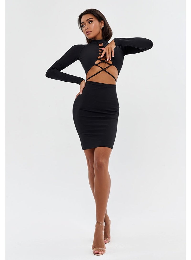 Bona Fide Lilith Black – Long Sleeve Lace-Up Bodycon Mini Dress - Image 4