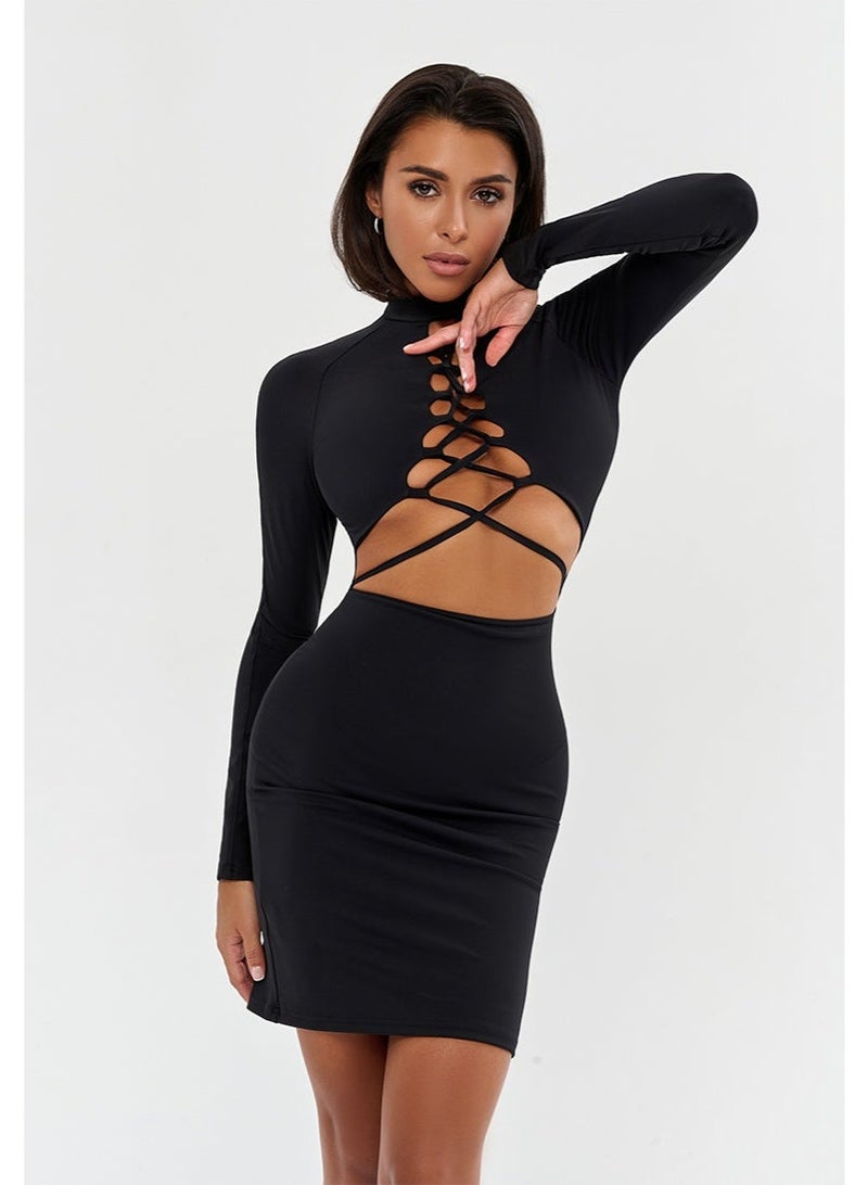 Bona Fide Lilith Black – Long Sleeve Lace-Up Bodycon Mini Dress - Image 1