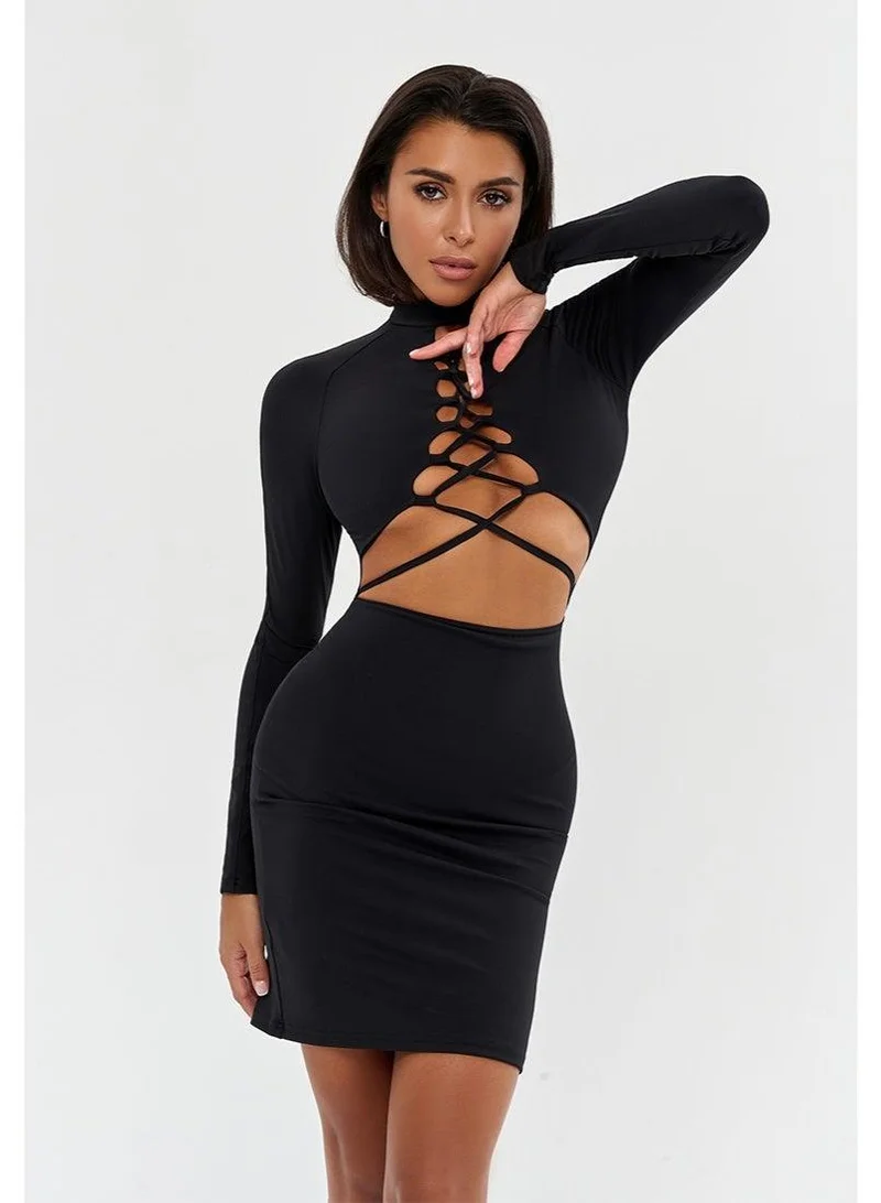 بونا فيدي Bona Fide Lilith Black – Long Sleeve Lace-Up Bodycon Mini Dress