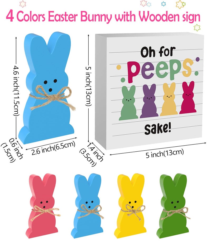 WOHOHOHO 5Pcs Easter Bunny Wooden DÃ©cor, 4 Pcs Bunny with Funny Easter Bunny Wooden Box Sign, Oh for Peeps Gift Wood Rabbit Tiered Table Decor for Farmhouse Kitchen Bathroom Office Party Supplies - Image 3