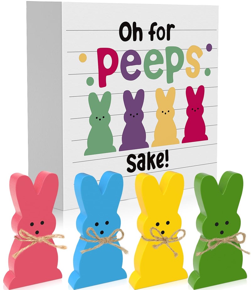WOHOHOHO 5Pcs Easter Bunny Wooden DÃ©cor, 4 Pcs Bunny with Funny Easter Bunny Wooden Box Sign, Oh for Peeps Gift Wood Rabbit Tiered Table Decor for Farmhouse Kitchen Bathroom Office Party Supplies - Image 1
