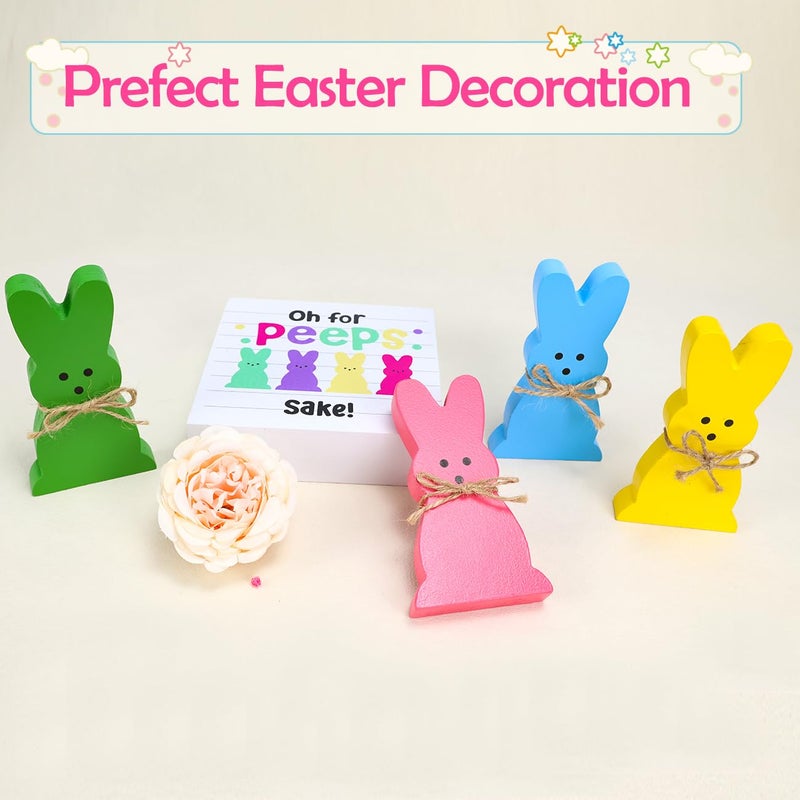 WOHOHOHO 5Pcs Easter Bunny Wooden DÃ©cor, 4 Pcs Bunny with Funny Easter Bunny Wooden Box Sign, Oh for Peeps Gift Wood Rabbit Tiered Table Decor for Farmhouse Kitchen Bathroom Office Party Supplies - Image 2