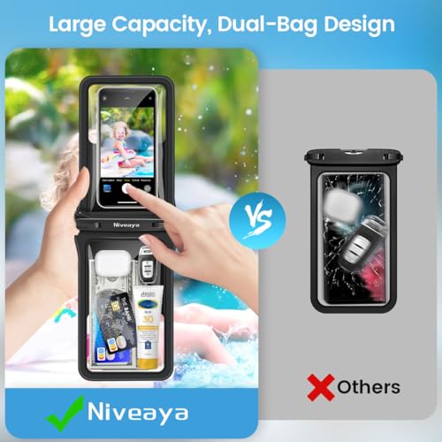 Niveaya Double Space Waterproof Phone Pouch - 2 Pack, Waterproof Phone Lanyard Case with iPhone 16/15/14/13/12 Pro Max up to 8.3", Phone Dry Bags for Vacation Beach Pool Kayak Cruise Travel Essentials - Image 4