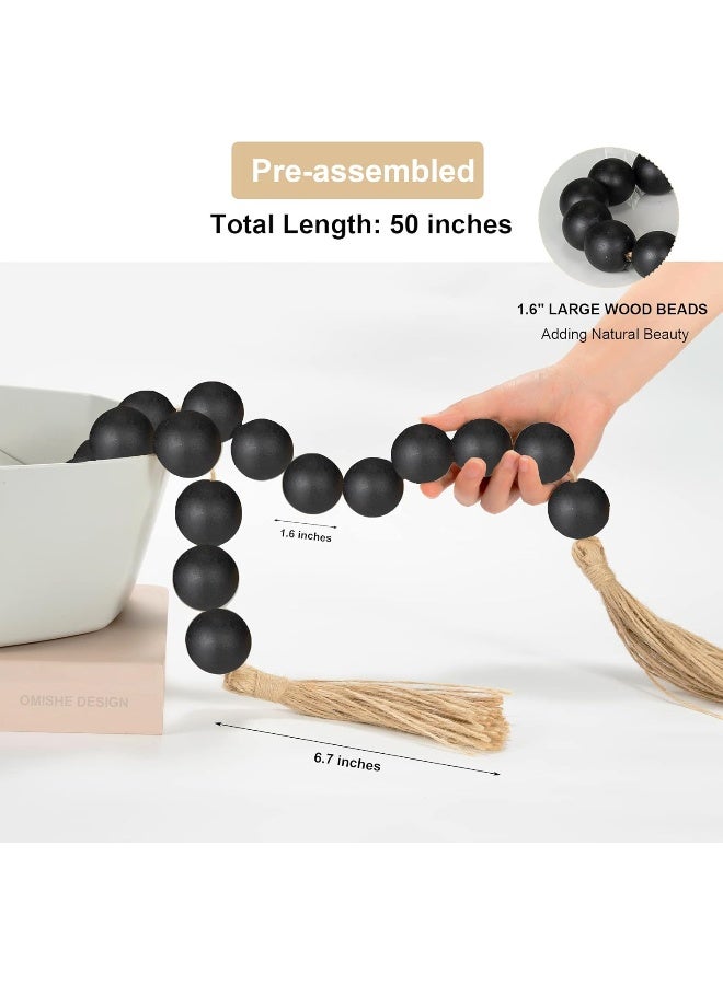 OMISHE OMISHE 50'' Long Large Wood Bead Garland with 1.6'' Diameter Wooden Beads and Tassels, Rustic Farmhouse Country for Home Tiered Tray Decor, Decorative Tassels Black (DZC01)  - Image 2