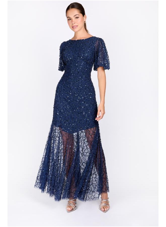 Little Mistress Puff Sleeve Crew Neck Embelished Dress  - Image 1