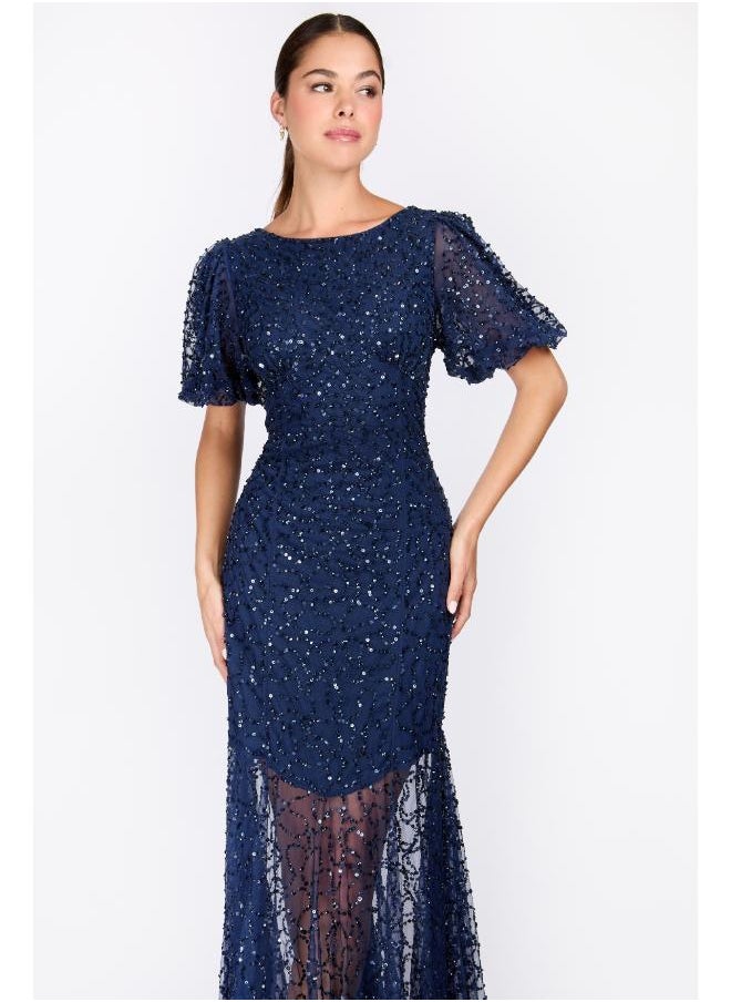 Little Mistress Puff Sleeve Crew Neck Embelished Dress  - Image 4