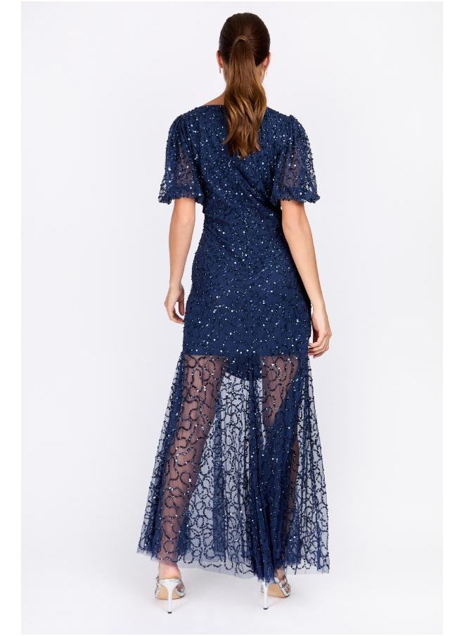 Little Mistress Puff Sleeve Crew Neck Embelished Dress  - Image 2