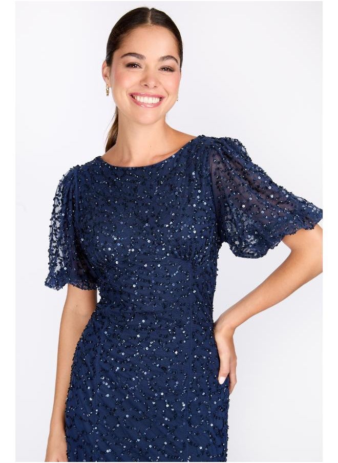 Little Mistress Puff Sleeve Crew Neck Embelished Dress  - Image 3