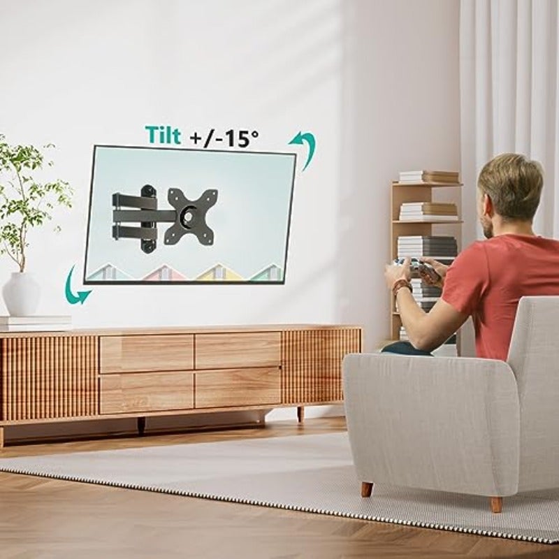 ستاند حائط تلفزيون متحرك لمونيتور LCD بحركة كاملة، ذراع تمديد بزاوية مائلة ومائلة وميلان، مناسب لمعظم تلفزيونات LED بقياس من 13 إلى 32 بوصة، مع شاشة مسطحة، مع دعم VESA حتى 100×100 مم، لون أسود، وزن حتى 33 رطل، قابل للتعديل والتمديد حتى 15 بوصة، مناسب لغرف النوم والمكاتب وغرف الألعاب - Image 5