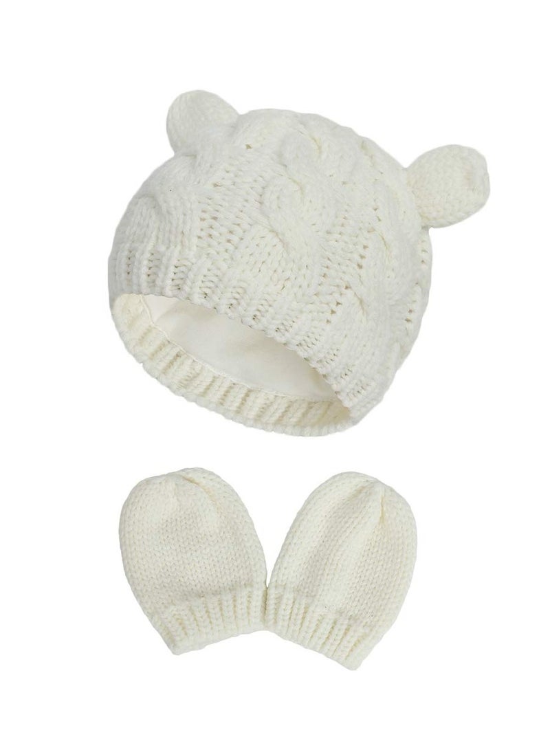 SYOSI SYOSI Newborn Winter Beanie for Baby Girls Boys, with Infant Toddlers Warm Knitted Hat Gloves (0-6 Months, White and Gray) - Image 1