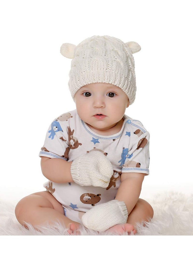 SYOSI SYOSI Newborn Winter Beanie for Baby Girls Boys, with Infant Toddlers Warm Knitted Hat Gloves (0-6 Months, White and Gray) - Image 4