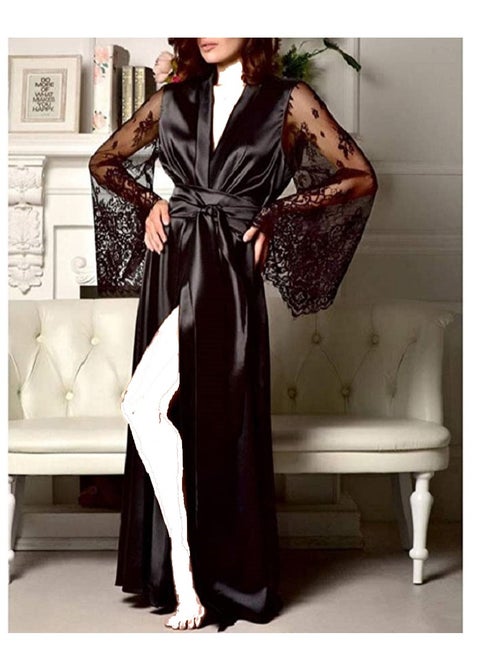 Satin Kimono Long   Bridesmaid Wedding Bath Robe with Lace Trim.