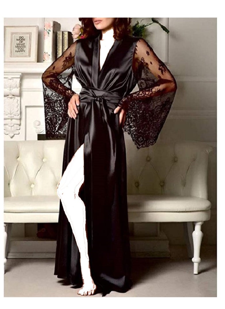 Satin Kimono Long   Bridesmaid Wedding Bath Robe with Lace Trim.