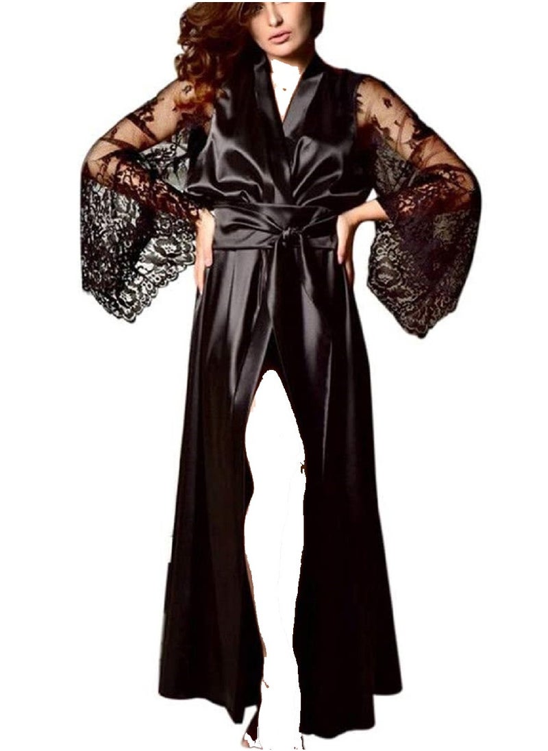 Satin Kimono Long   Bridesmaid Wedding Bath Robe with Lace Trim.