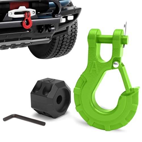 AMBULL 3/8" Winch Hook & Winch Cable Hook Stopper Sets, Heavy Duty Grade 70 Forged Steel Recovery Hook with Safety Latch, Included Allen Wrench,Max 37,478 Lbs, Green - Image 1