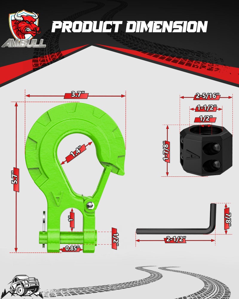 AMBULL 3/8" Winch Hook & Winch Cable Hook Stopper Sets, Heavy Duty Grade 70 Forged Steel Recovery Hook with Safety Latch, Included Allen Wrench,Max 37,478 Lbs, Green - Image 2