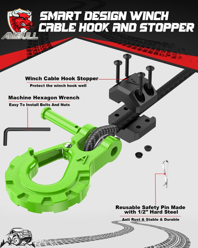 AMBULL 3/8" Winch Hook & Winch Cable Hook Stopper Sets, Heavy Duty Grade 70 Forged Steel Recovery Hook with Safety Latch, Included Allen Wrench,Max 37,478 Lbs, Green - Image 3