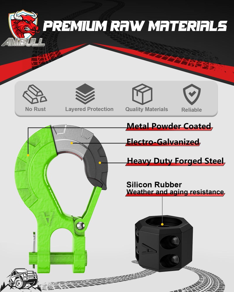 AMBULL 3/8" Winch Hook & Winch Cable Hook Stopper Sets, Heavy Duty Grade 70 Forged Steel Recovery Hook with Safety Latch, Included Allen Wrench,Max 37,478 Lbs, Green - Image 5