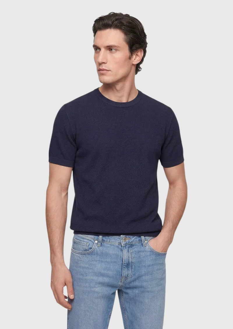 Ramsey Navy Blue Jacquard 100% Cotton T-Shirt