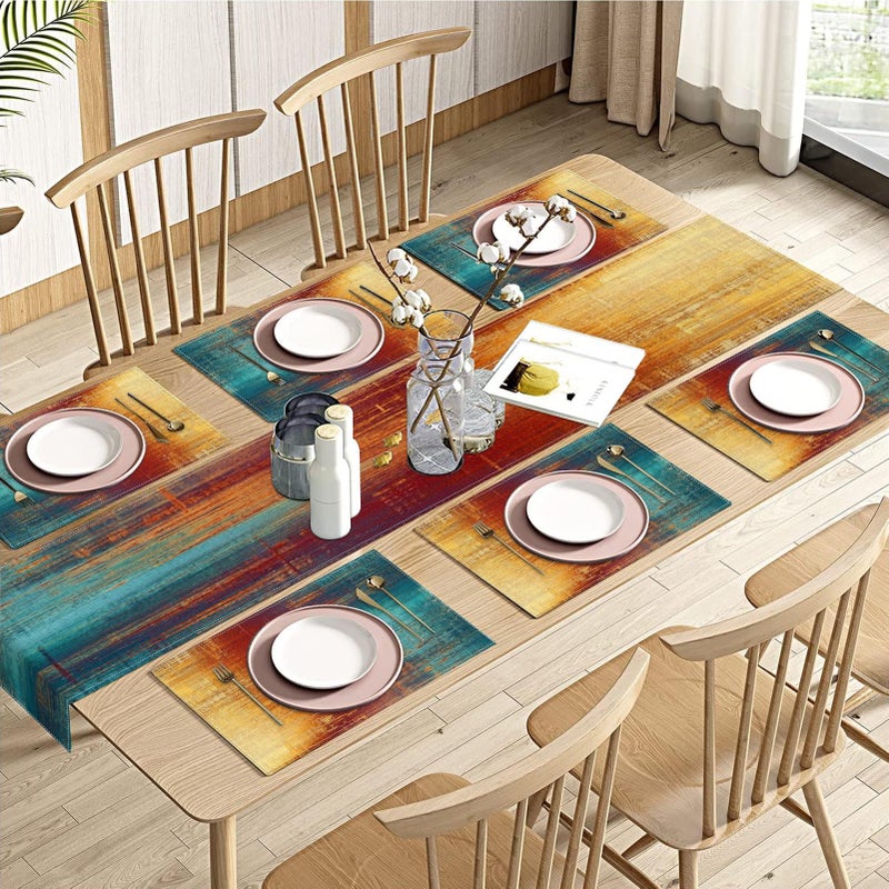 Emvency Blue Orange Table Runner and Placemats Set of 6 Vintage Abstract Messy Rust Painting Art Dining Decor for Daily Use1 Table Runner 72 inches Long and 6 Placemats - Image 2