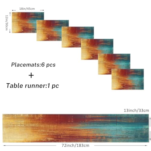 Emvency Blue Orange Table Runner and Placemats Set of 6 Vintage Abstract Messy Rust Painting Art Dining Decor for Daily Use1 Table Runner 72 inches Long and 6 Placemats - Image 3