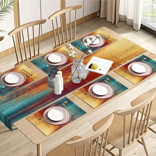 Emvency Blue Orange Table Runner and Placemats Set of 6 Vintage Abstract Messy Rust Painting Art Dining Decor for Daily Use1 Table Runner 72 inches Long and 6 Placemats - Image 1