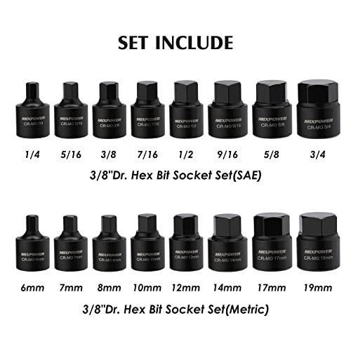 MIXPOWER 3/8-Inch Drive Low Profile Impact Hex Driver Set, 16-Piece, SAE/Metric, Hex, 1/4 Inch - 3/4 Inch, 6mm - 19mm, Cr-Mo Steel, One- Piece Construction - Image 2