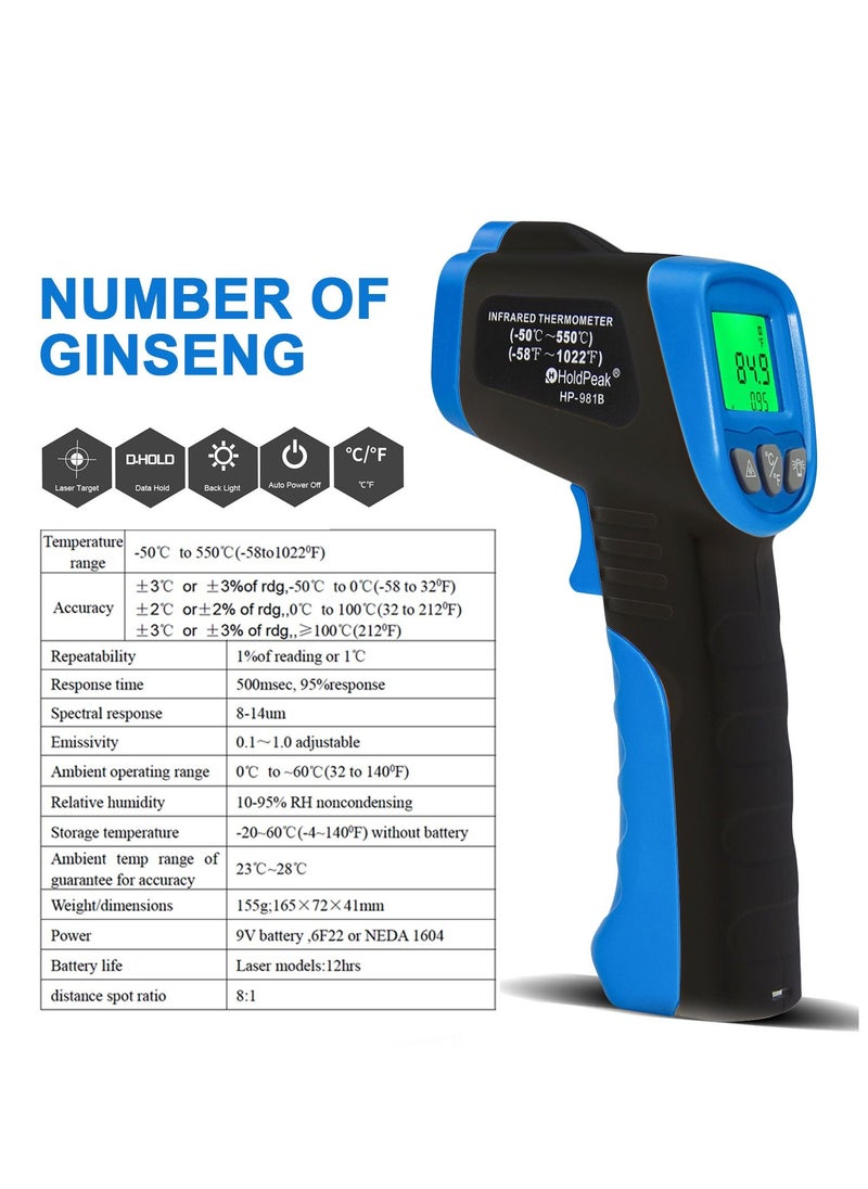 HoldPeak - Infrared Thermometer HP-981B Non-Contact Digital Temperature Gun Measure Range -58 to 842℉ (-50 to 450℃) Instant-Read Emissivity 0.95(Fixed) NOT for Human - Image 1