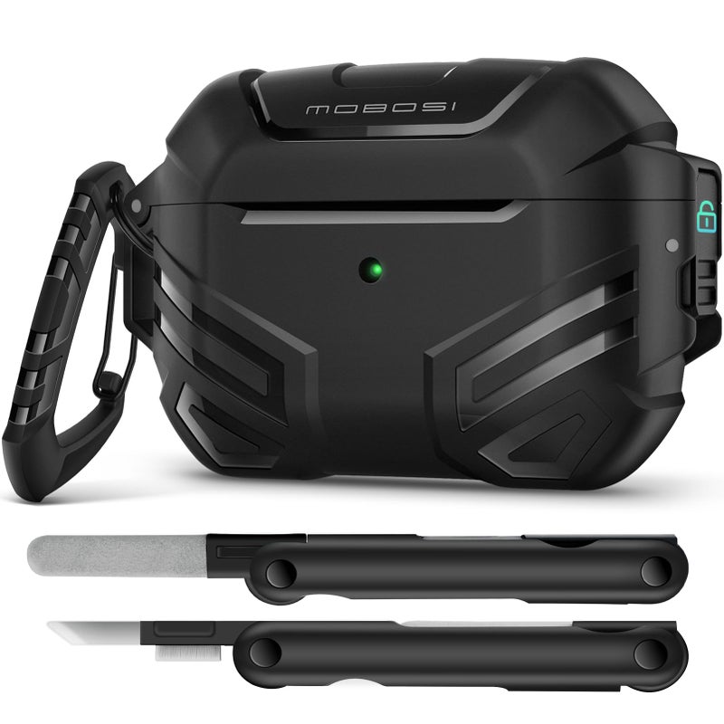 MOBOSI for AirPods Pro 2 Case with Lock, Compatible with Airpod Pro Case 2nd/1st Gen, Military Grade Protective Cover with Cleaner Kit & Keychain for Men(2023/2022/2019), Black - Image 1