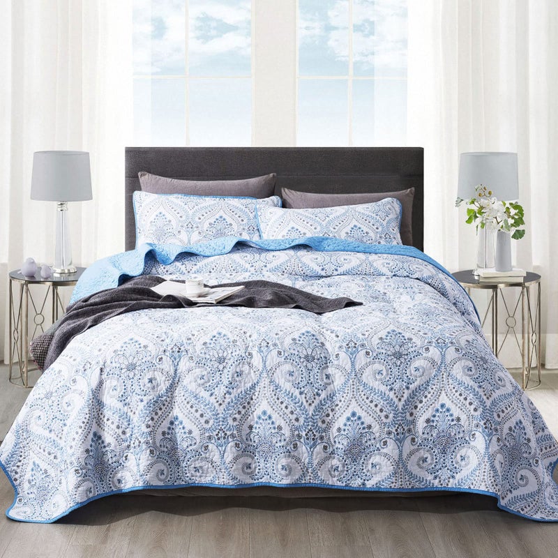 NEWLAKE Cotton Bedspread Quilt Sets - Reversible Patchwork Coverlet Set, Blue Classic Royal Pattern, California King Size - Image 1