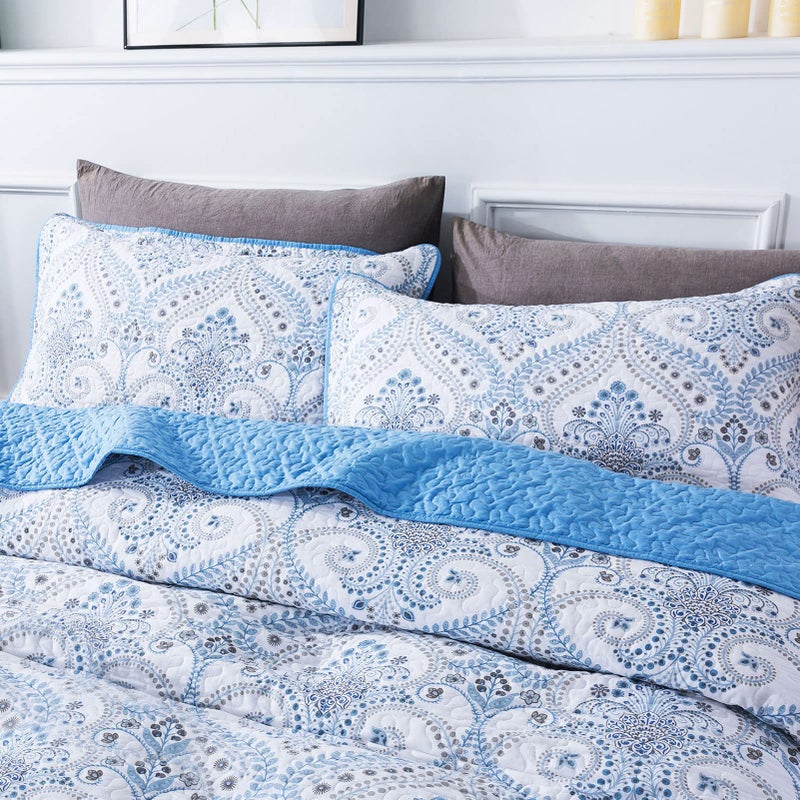 NEWLAKE Cotton Bedspread Quilt Sets - Reversible Patchwork Coverlet Set, Blue Classic Royal Pattern, California King Size - Image 3