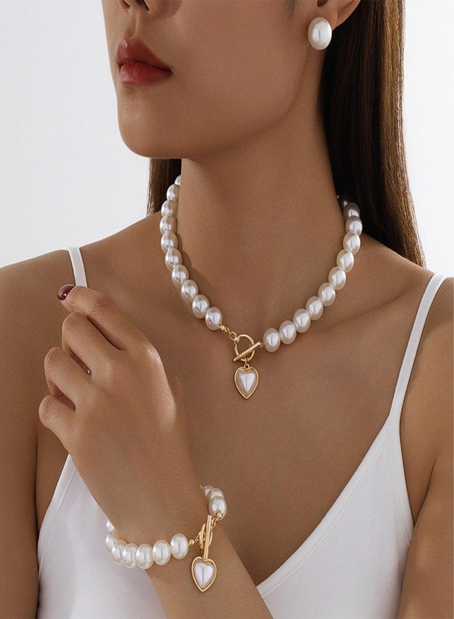 Frodete Pearl Jewelry Set for Women Trendy Pearl Necklaces for Women Chunky Pearls Necklaces and Earring Sets Big Pearls Earrings Wedding Jewelry Set for Bride - Image 3