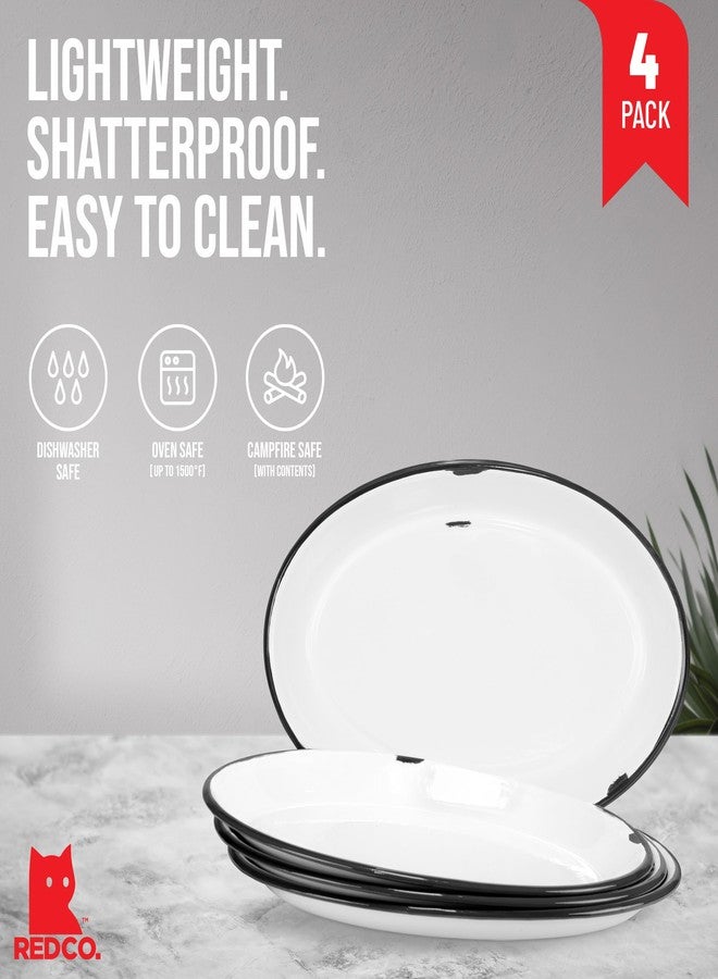 Red Co. Set of 4 Enamelware Metal Classic 13” Serving Oval Tray Platter, Distressed White/Black Rim - Image 2