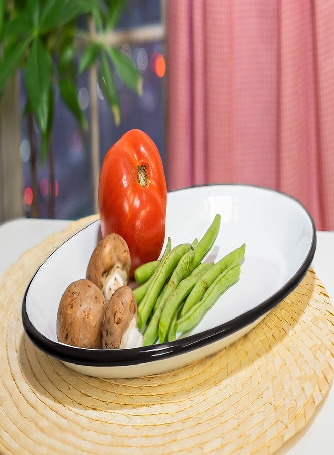 Red Co. Set of 4 Enamelware Metal Classic 13” Serving Oval Tray Platter, Distressed White/Black Rim - Image 4