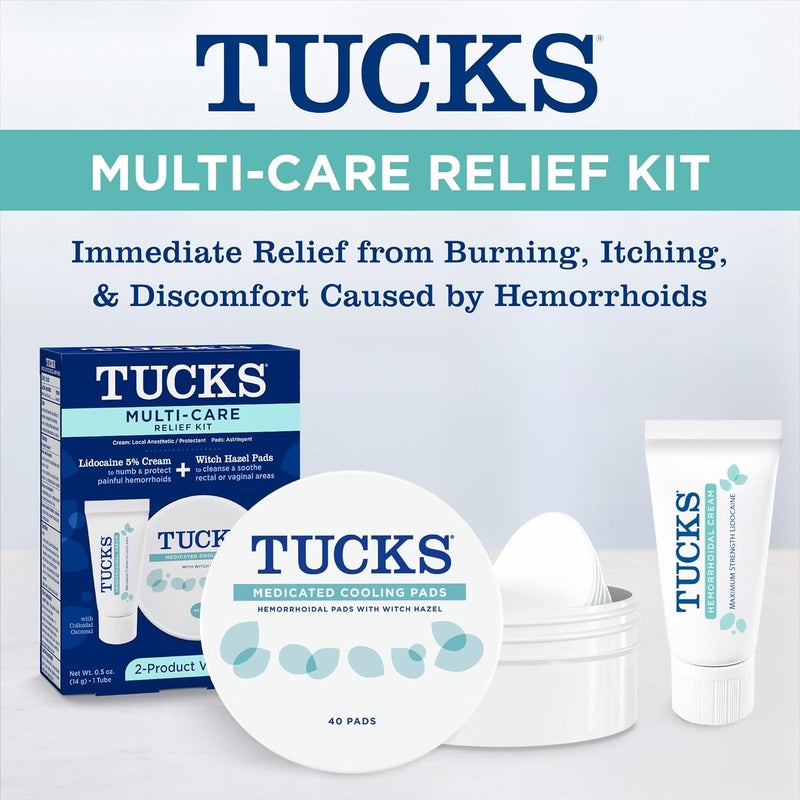 Tucks طقم تخفيف متعدد الرعاية – 40 قطعة من وسادات هازيل الساحرة وكريم ليدوكائين 0.5 أونصة - يحمي من التهيج، وسادات علاج البواسير الطبية المستخدمة في المستشفيات - Image 3