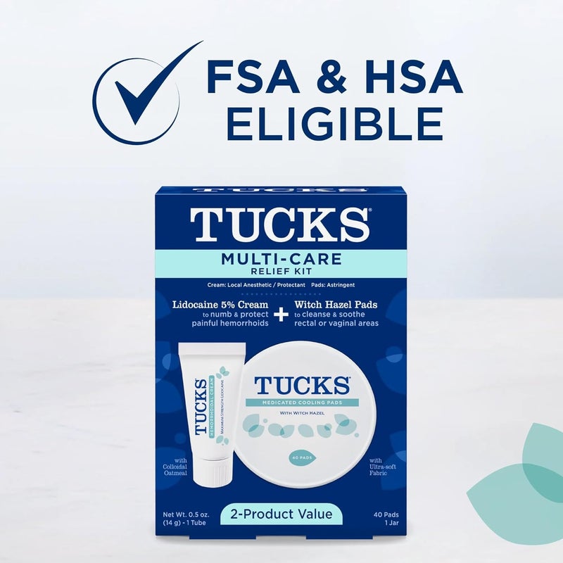 Tucks طقم تخفيف متعدد الرعاية – 40 قطعة من وسادات هازيل الساحرة وكريم ليدوكائين 0.5 أونصة - يحمي من التهيج، وسادات علاج البواسير الطبية المستخدمة في المستشفيات - Image 2