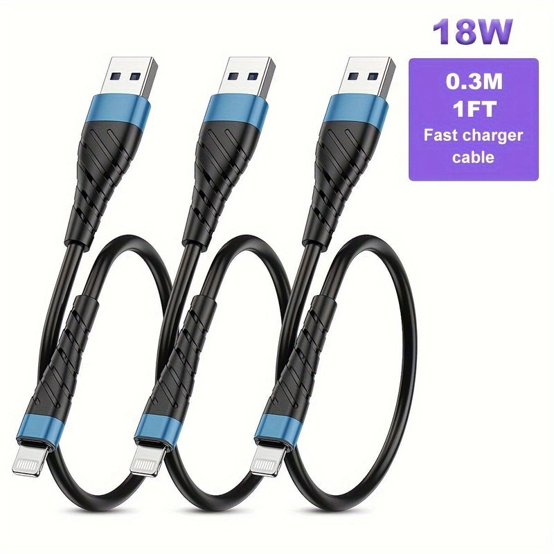 3 قطع كابل شحن سريع أحمر بطول 1 قدم من USB لأجهزة iPhone 14 و13 و12 و11 Pro Max و6S و7 و8 Plus وiPad - Image 1