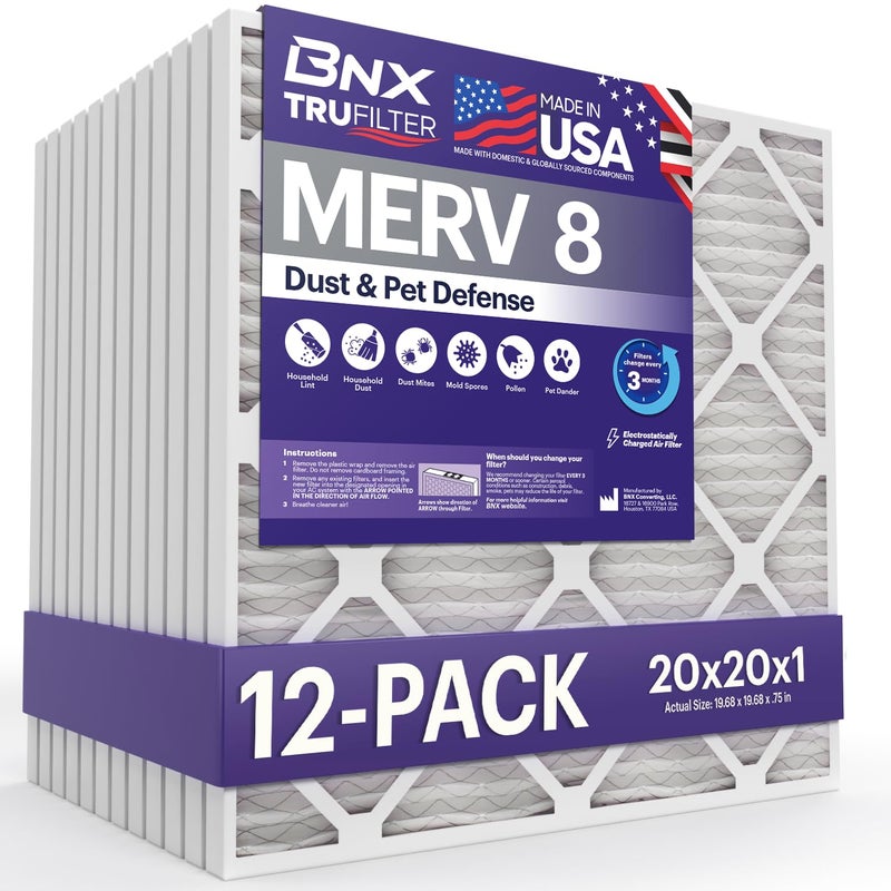 BNX TruFilter 20x20x1 Air Filter MERV 8 12Pack  MADE IN USA  Dust  Pet Defense Electrostatic Pleated Air Conditioner HVAC AC Furnace Filters for Dust Pet Mold Pollen MPR 600  700  FPR 5