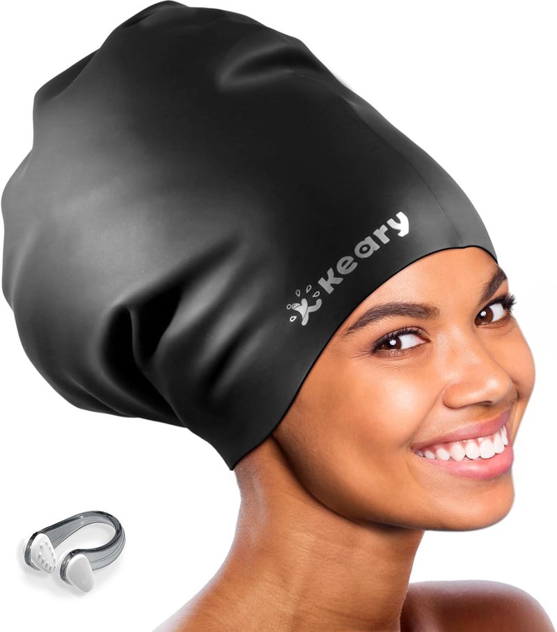 Keary Extra Large Swim Cap for Braids and Dreadlocks Extensions Weaves Long Hair, Waterproof Silicone Cover Ear Bath Pool Shower Swimming Cap for Adult Youth to Keep Hair Dry, Easy to Put On and Off - Image 1