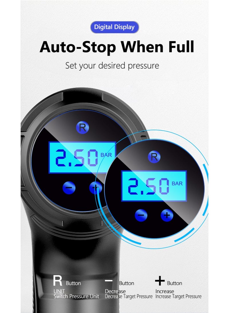 شو وو منفاخ إطارات سيارة لاسلكي محمول، ضاغط هواء كهربائي محمول، مضخة إطارات سيارة ببطارية قابلة لإعادة الشحن عبر USB مع شاشة LCD، ضوء LED للسيارة والدراجة النارية والكرة - Image 2