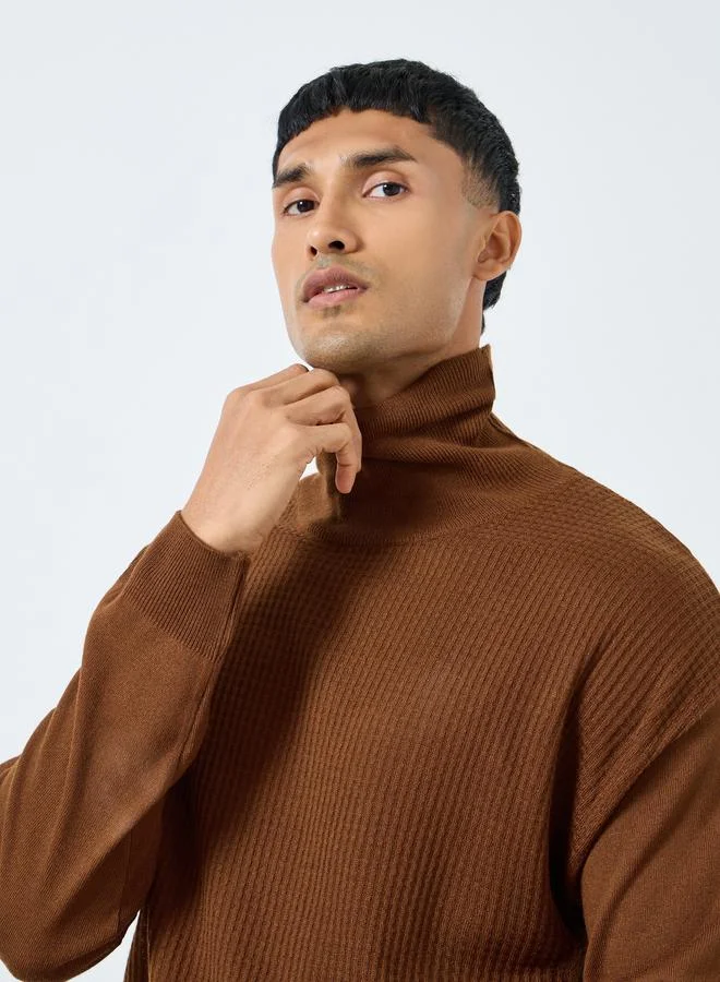 Styli Men Brown Textured Turtleneck Sweater