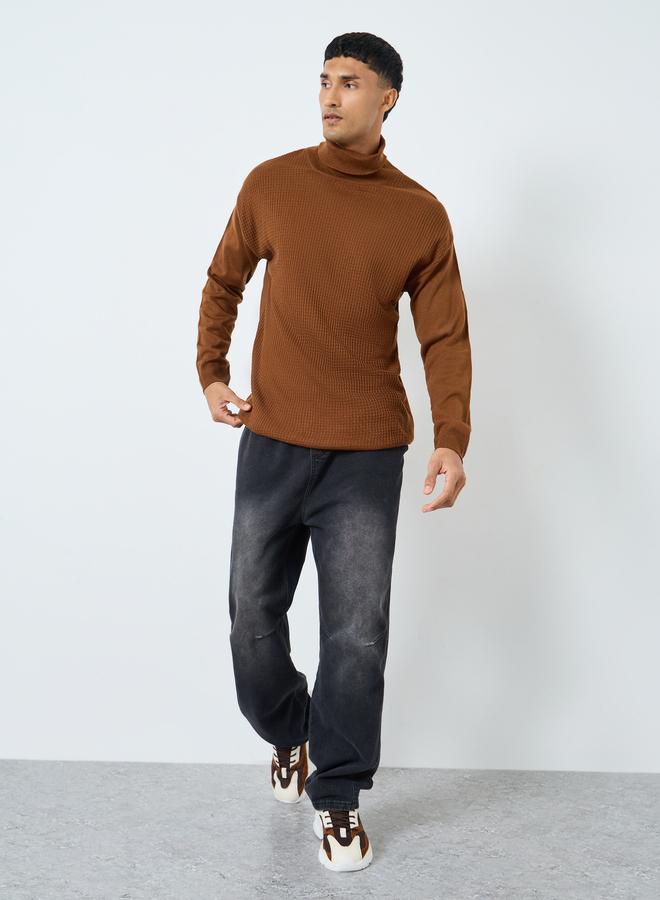 Styli Men Brown Textured Turtleneck Sweater - Image 3